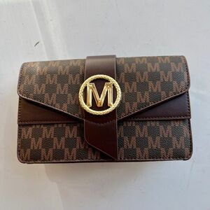 Monogram Brown Crossbody Clutch with Gold M Emblem